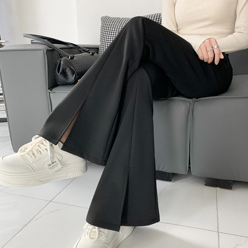 黑色喇叭裤女夏季薄款2026新款高腰垂感显瘦小个子开叉微喇西装裤