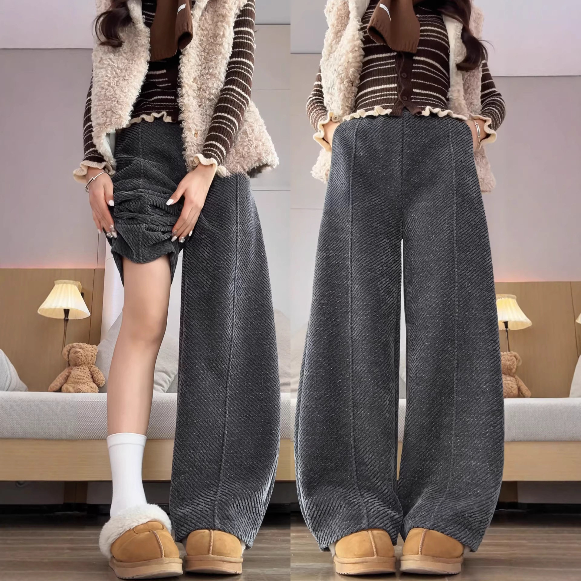 灰色毛呢弯刀裤女秋冬季加绒2026新款雪尼尔休闲小个子窄版阔腿裤