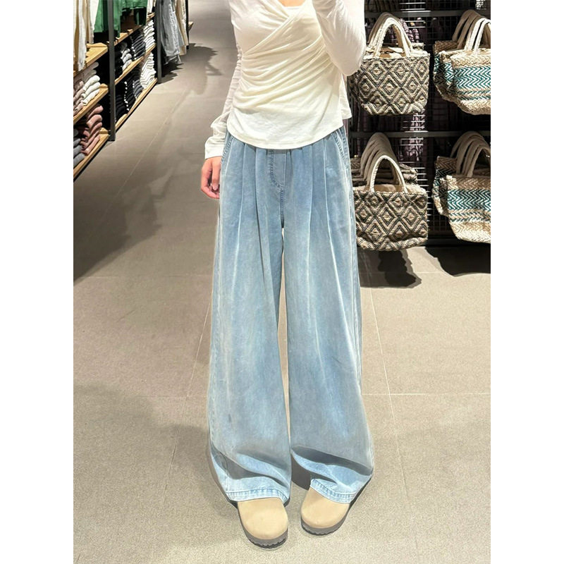 天丝牛仔裤女夏薄款2026新款高腰小个子松紧腰窄版冰丝阔腿直筒裤