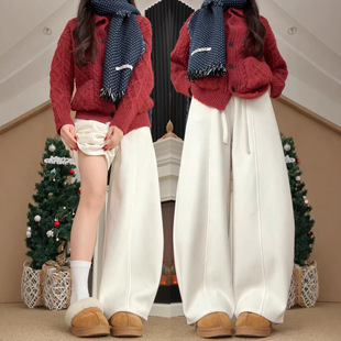 白色弯刀裤女冬季加绒加厚高腰宽松休闲慵懒小个子灯芯绒阔腿裤子