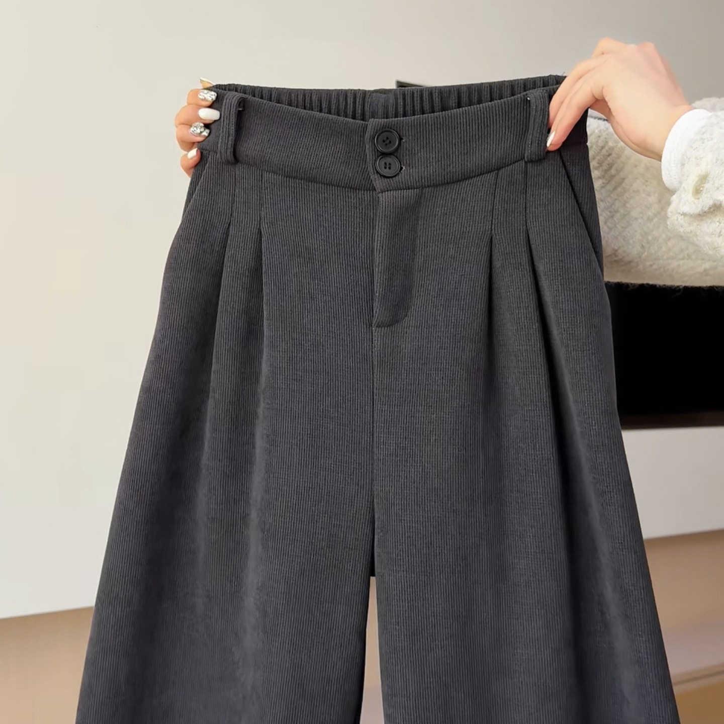 灰色灯芯绒西装裤女秋冬高腰垂感西裤窄版小个子阔腿加厚加绒裤子