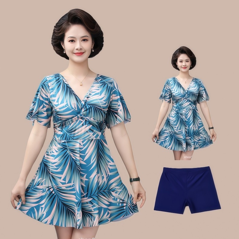 妈妈款分体泳衣老人大码遮肚显瘦泡温泉中老年女士保守游泳衣套装