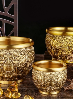 黄铜龙纹缸复古创意个性装铜钱铜缸家用客厅米缸办公室烟缸大