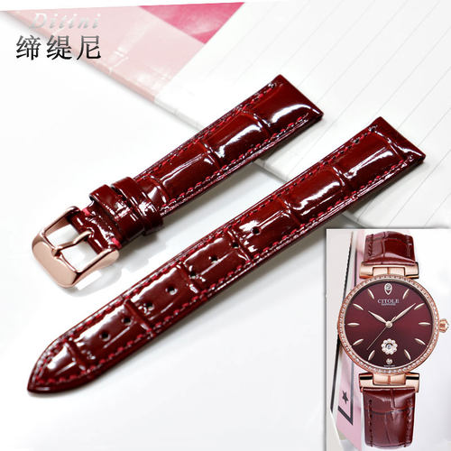 酒红真皮表带d代用西腾5195L 10010 5166L女士针扣款表带配件16mm