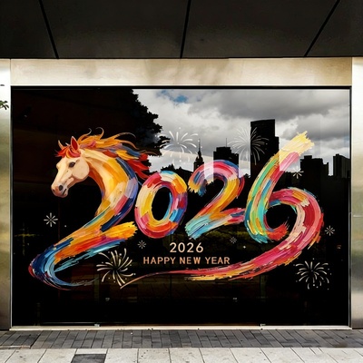 2026马年商场店铺橱窗氛围布置元旦春节装饰炫彩贴纸happynewyear
