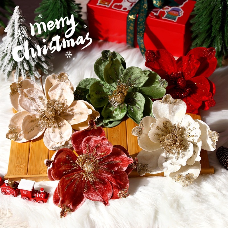 圣诞节装饰品仿真花圣诞花高档布艺粘粉亮片仿真玉兰花轻奢装饰品