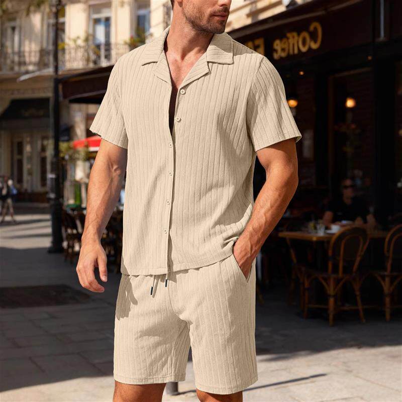 亚马逊通勤休闲纽扣衬衫短袖男士度假沙滩裤夏季开衫短袖短裤套装