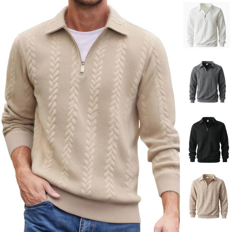 跨境外贸欧美春秋季保暖提花翻领重磅半拉链卫衣男款时尚潮流热卖