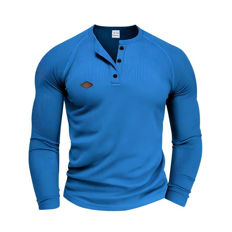 跨境亚马逊男休闲美式春秋薄款华夫格系扣速干插肩亨利T恤衫长袖