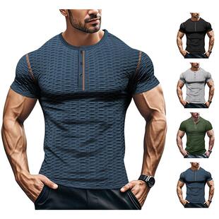 欧美运动健身休闲修身透气男士短袖t恤男装肌肉亨利衫t恤透气吸汗