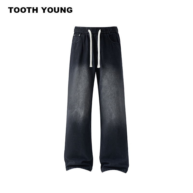 郑一爱穿搭水洗渐变松紧腰夏季男士宽松抽绳直筒牛仔裤
