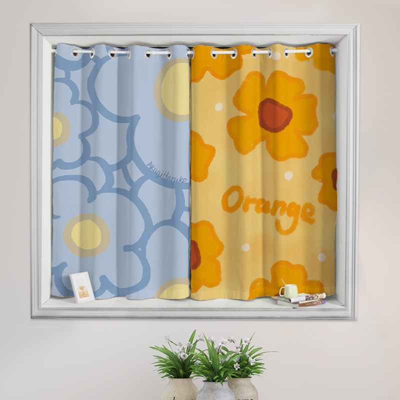 网红简约清新ins风泫雅小花儿童房女孩卧室全遮光免打孔短帘门帘