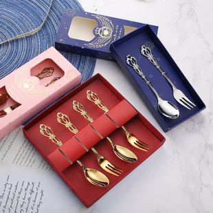 复古浮雕甜品勺叉 欧式镂空咖啡勺 创意镀金调羹水果叉婚庆礼品