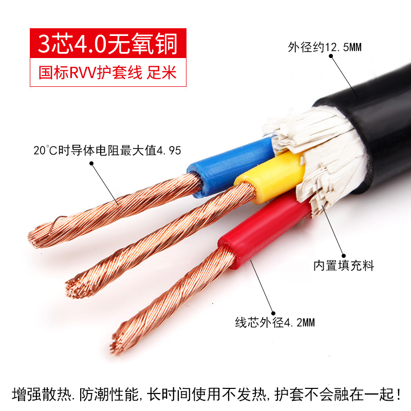 国标电缆线电线软线rvv3芯2.y5 4 6平方三相护套线户外电源线铜芯