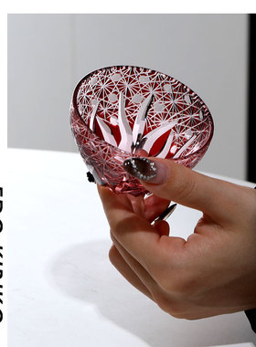 松边切子杯 连菊 江户硝子彩色水晶玻璃杯 中古日式vintage清酒杯