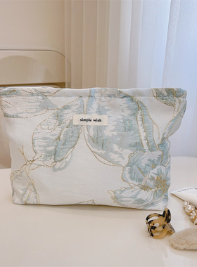 高颜值新中式国风气质蓝色金花化妆包女便携大容量手包收纳洗漱包