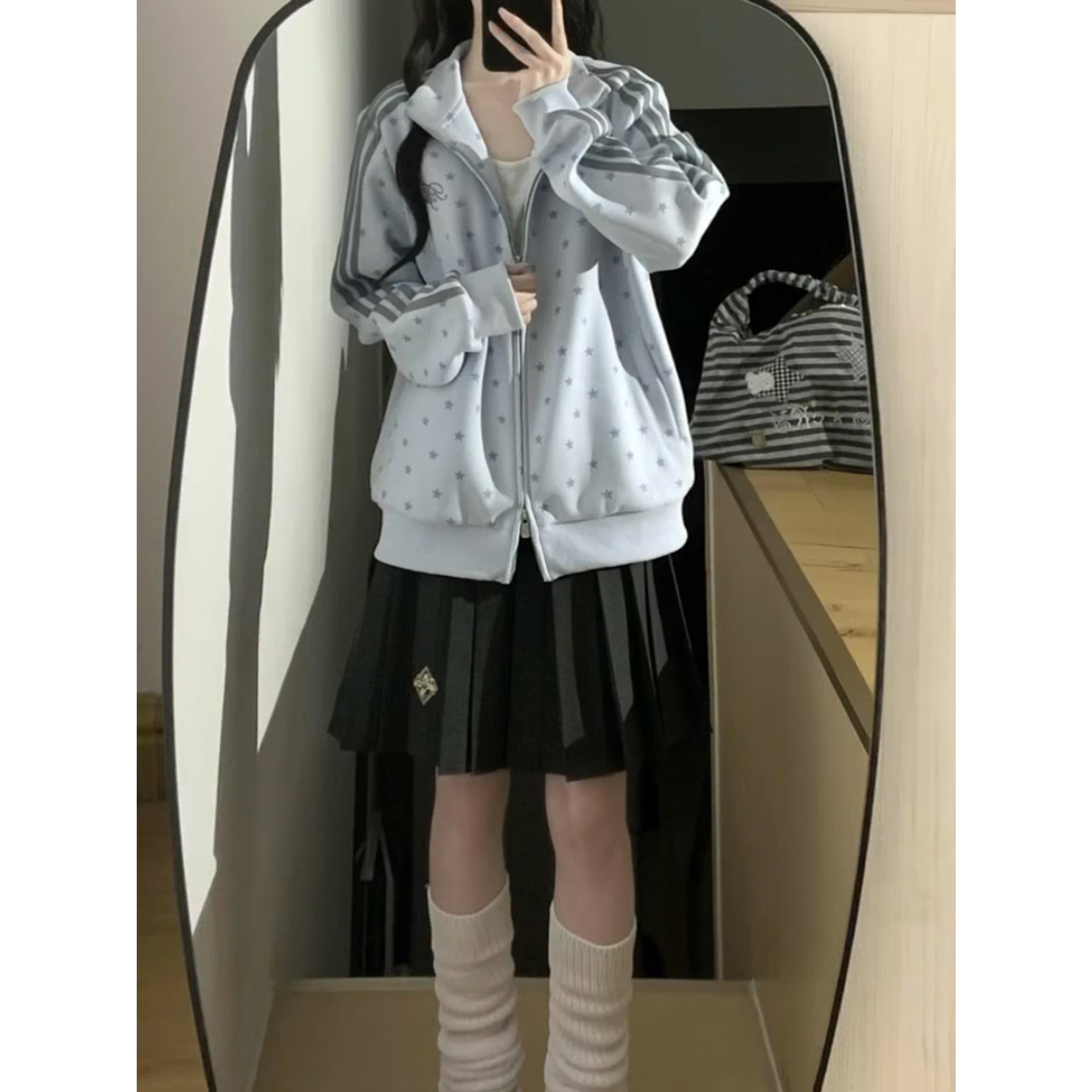 韩系慵懒奶蓝色星星满印