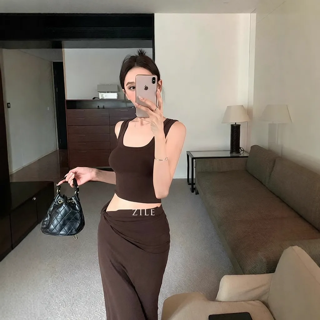 u领背心女夏紧身短款无袖上衣不规则露腰半身长裙绝美漂亮小套装