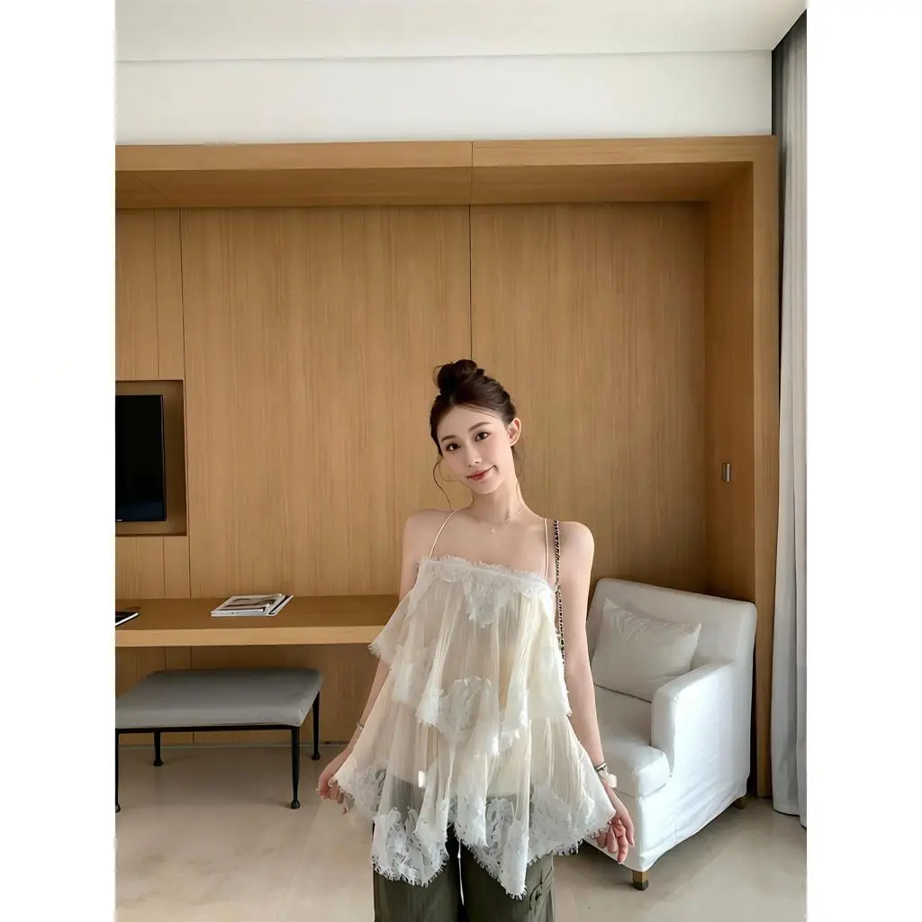 1.黄丝荷叶边长短款吊带裙图片