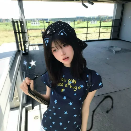 夏季美式复古星星刺绣短袖T恤