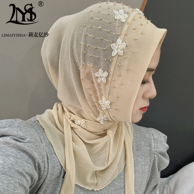新款头巾盖头女士圆口瘦脸头套包头帽套头银丝网高档时尚纱巾围巾