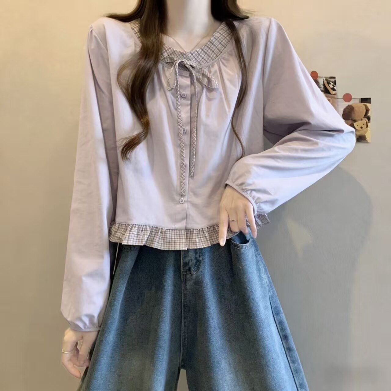 格子拼接长袖内搭衬衫女
