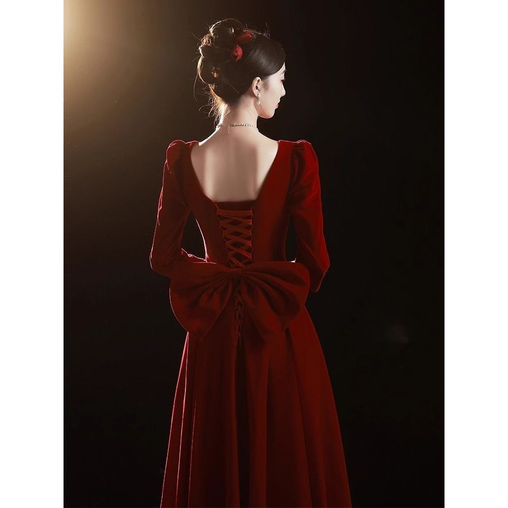 敬酒服新娘2024新款订婚结婚长款法式长袖高级感红色礼服裙女春夏