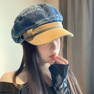 拼色平顶牛仔八角帽女秋冬复古文艺显脸小贝雷帽大头围画家帽 韩版