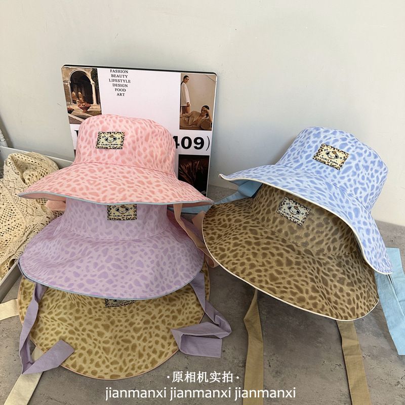 2026夏季新款双面戴豹纹渔夫帽女生韩版可折叠绑带百搭大沿太阳帽