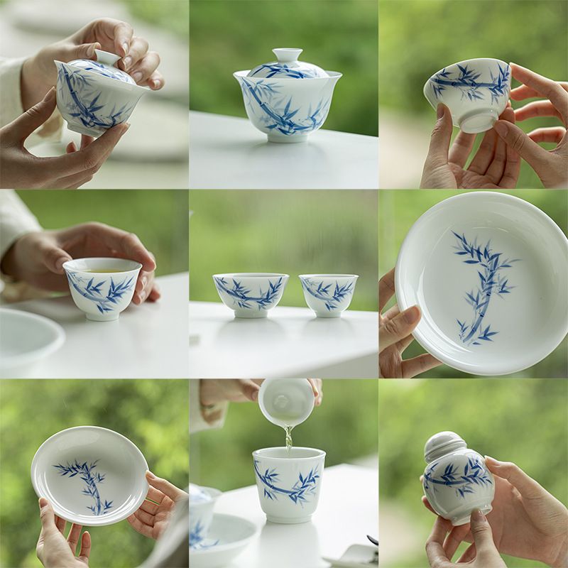 墨己玉泥竹韵青花手绘竹子功夫茶具陶瓷盖碗茶壶茶杯壶承配件合集