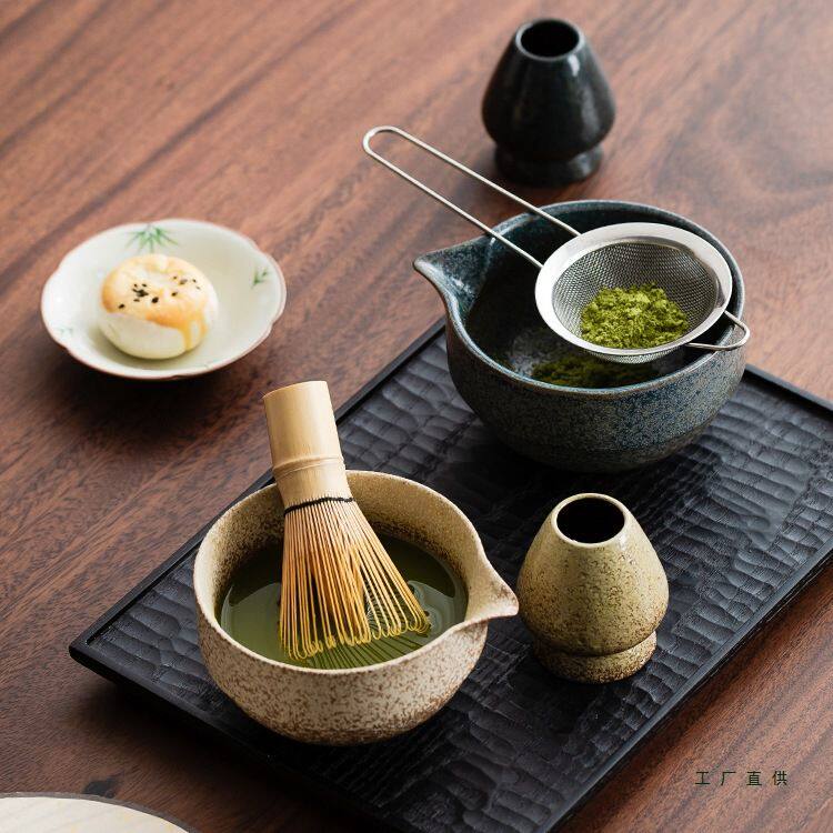粗陶带嘴抹茶碗日式手工抹茶杯防宋代点茶工具茶筅立搅拌器抹茶刷