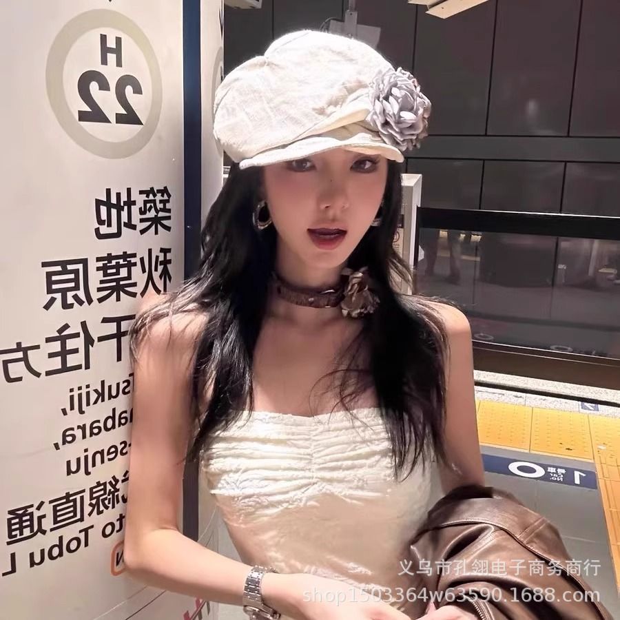 日系文艺复古花朵贝雷帽女士夏季薄款透气亚麻画家帽显脸小云朵帽