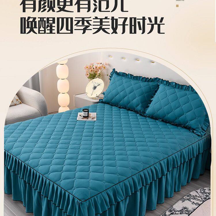 韩版夹棉床裙床罩单件床套床裙加枕套三件套纯色加棉新款花边四季