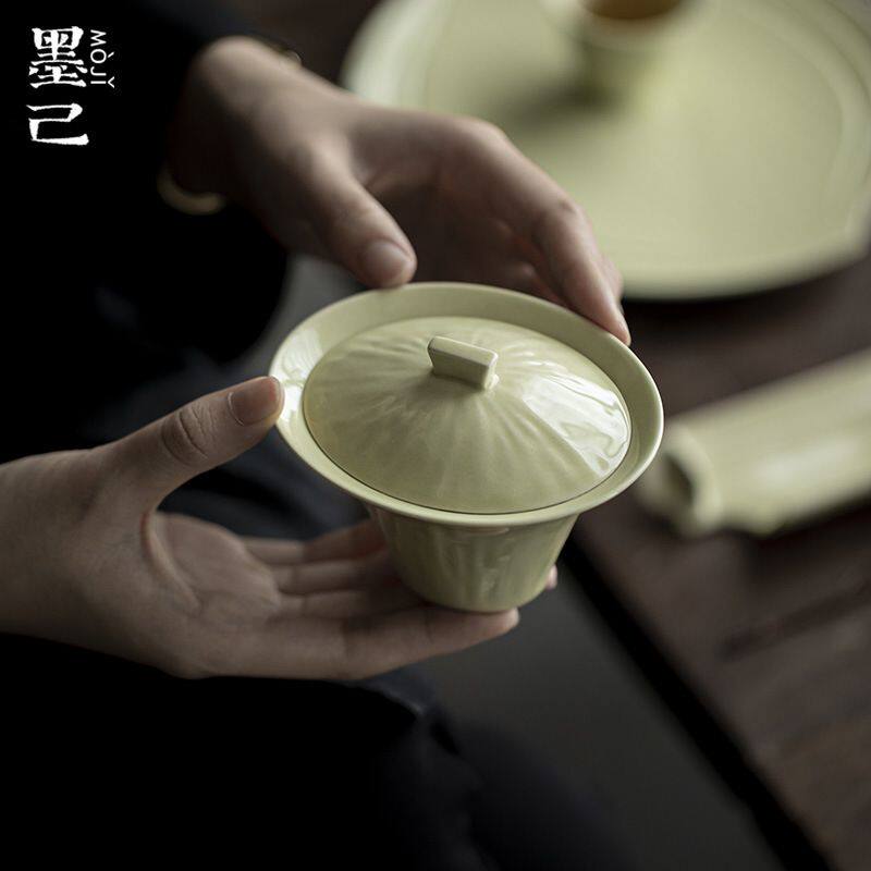 墨己陶瓷椭圆盖碗功夫茶具仿宋绿釉异形泡茶碗文人器家用创意盖碗