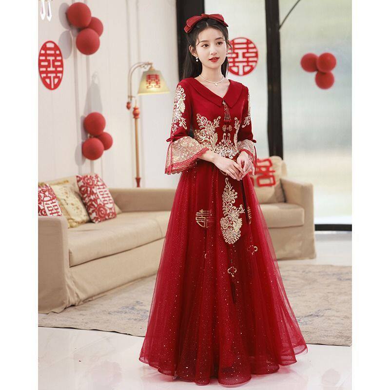 酒红色敬酒服新娘2024新款高级感秀禾服夏季小个子结婚订婚礼服女