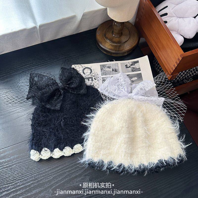 网纱蝴蝶结韩版韩国小众ins甜美拼色手工钩织显脸小毛线帽冷帽潮