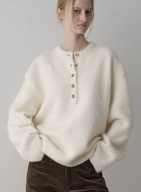 F*cade pa*tern羊驼毛羊毛混纺亨利领毛衣秋冬加厚慵懒风针织上衣