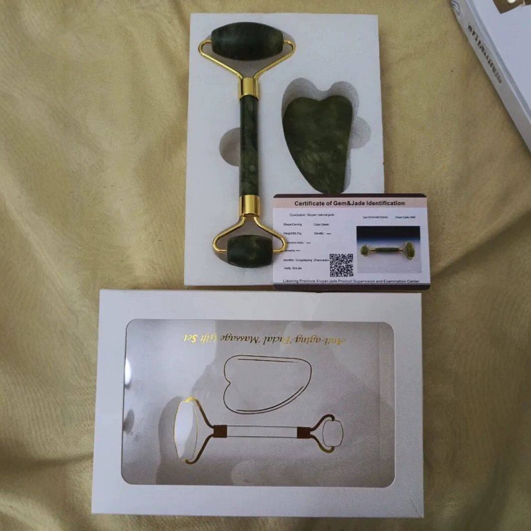 现货 自然岫岩玉手工打磨刮痧板双头滚轮组合 家用脸部按摩器