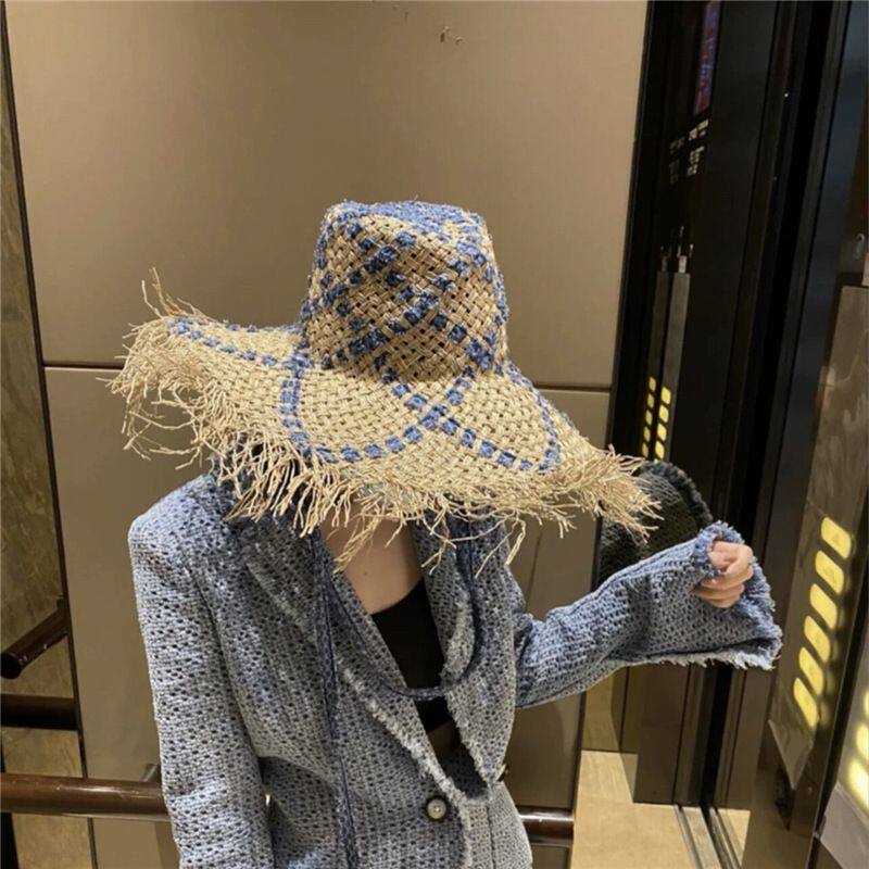 夏季海边度假大檐沙滩帽时髦个性流苏太阳帽女士黑蓝配色草帽遮阳