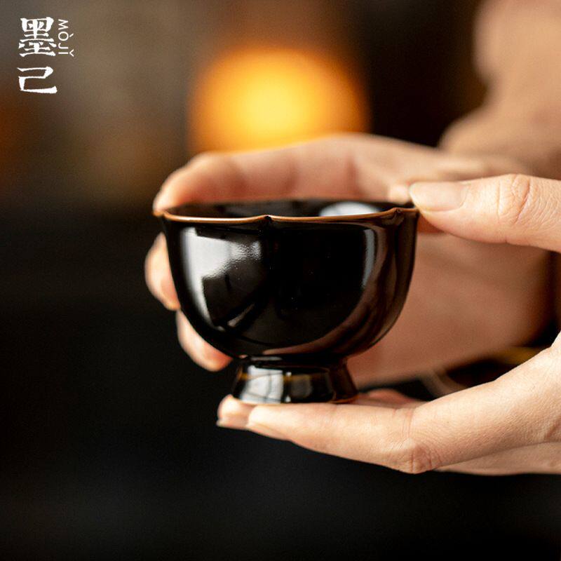 墨己乌金黑釉仿宋高足花口茶杯功夫茶具家用陶瓷主人杯品茗杯单杯