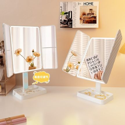 镜子化妆镜led带灯桌面台式可立三折叠家用学生宿舍放大梳妆美妆