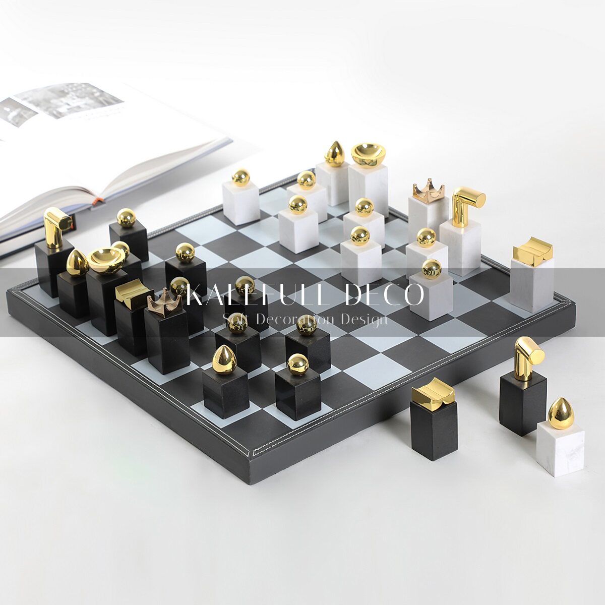 北欧现代高档家居黑白马毛棋格国际象棋盘客厅桌面软装饰品摆件