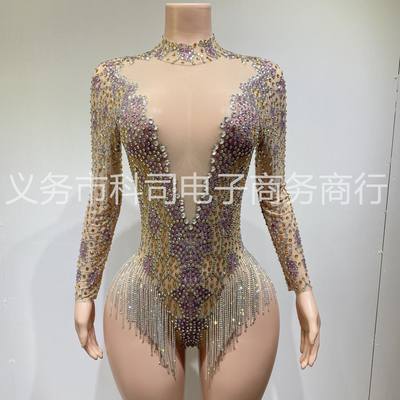 Bodysuit costumes欧美时尚网纱弹力水钻流苏连体衣gogo表演服