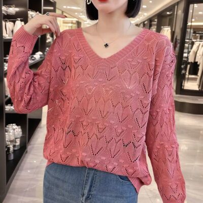 300斤加大码韩版春季女针织防晒衫休闲时尚镂空新款外穿紫色上衣