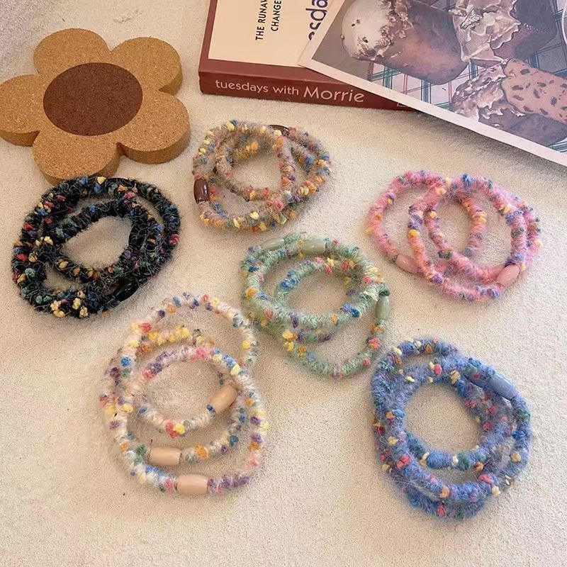 韩版网红彩色毛绒毛线发圈扎头发头绳扎头高弹力耐用皮筋马尾发饰