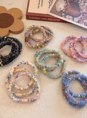 韩版网红彩色毛绒毛线发圈扎头发头绳扎头高弹力耐用皮筋马尾发饰