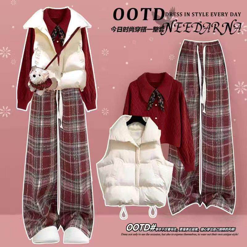 女生本命年三件套2025冬季套装女新年氛围感领结红色毛衣马甲棉服
