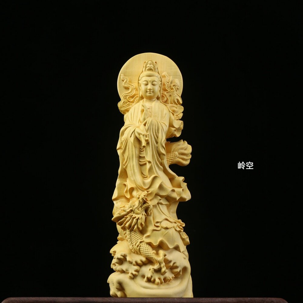 黄杨木雕崖柏御龙观音手工雕刻龙护观音书房茶台摆件禅意家居装饰