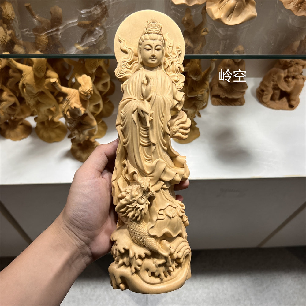 黄杨木雕崖柏御龙观音手工雕刻龙护观音书房茶台摆件禅意家居装饰