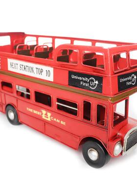 复古仿真英伦双层巴士公交车模型铁艺老物件收藏橱窗装饰品摆件